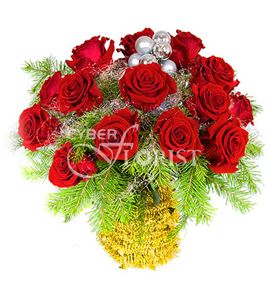 Зимний шарм. Волшебно-элегантный букет красных роз в зимнем оформлении - особый сюрприз получателю к началу Нового года. 